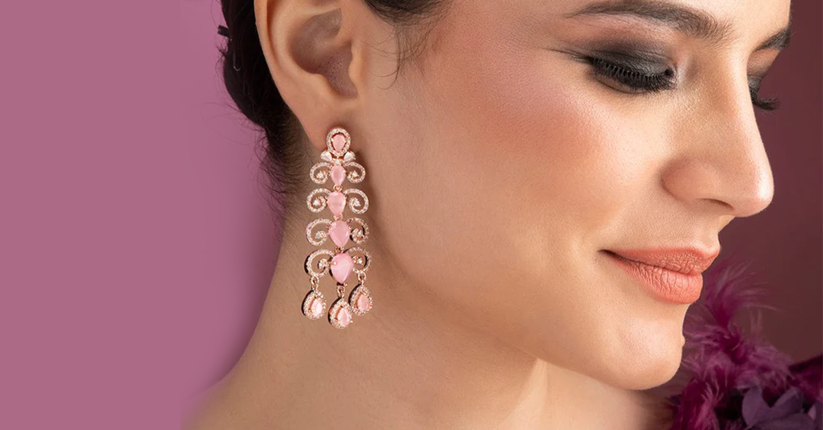 Jeweriche Imitation Pink Color Fancy Round Design Gola Stone Earrings